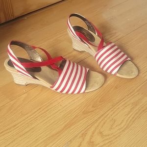 Red and white striped wedge heels, size: 10 Women's